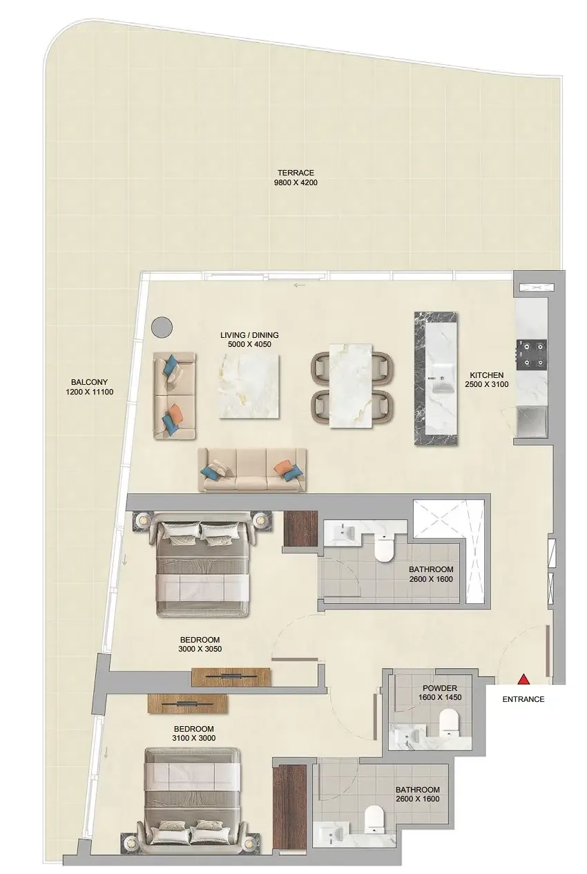 River Cove Residences at Sobha City 2 bed floor plan, 1,548 sqft