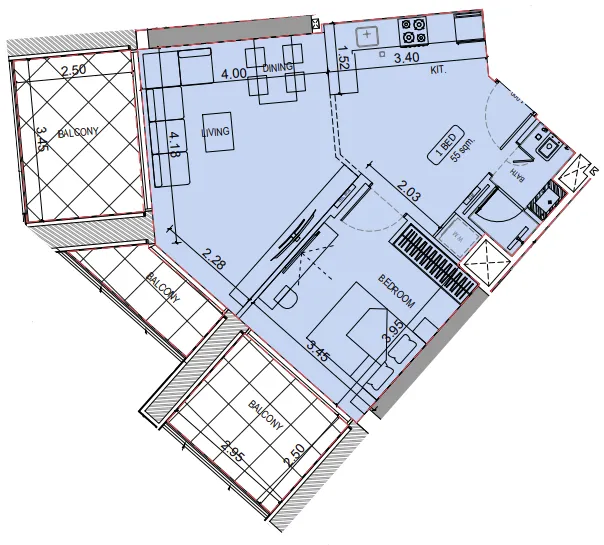 Binghatti Elite 1 bed floor plan, 821 – 855 sqft