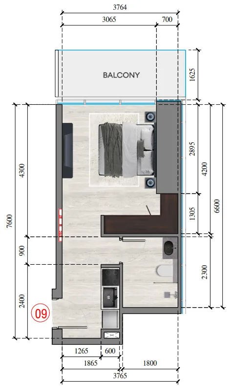 Auresta Tower Studio floor plan, 343 – 371 sqft