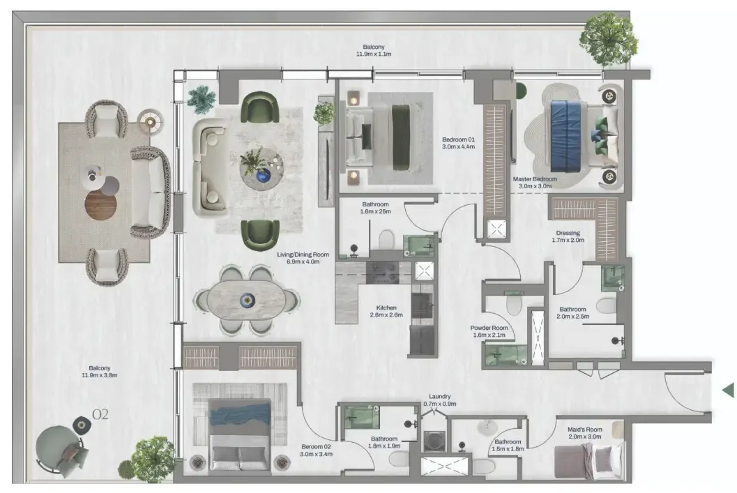 Oceara Park View Residences Phase 1 3 bed floor plan, 2,051 sqft