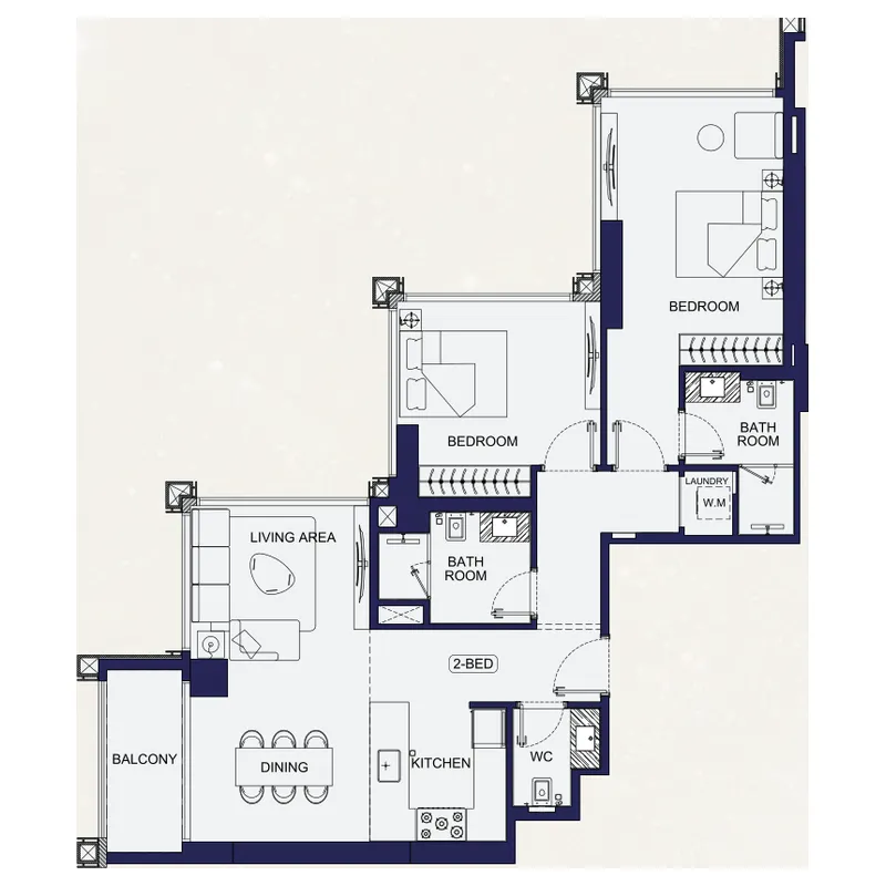 Binghatti Starfall 2 bed floor plan, 1,076 – 1,117 sqft