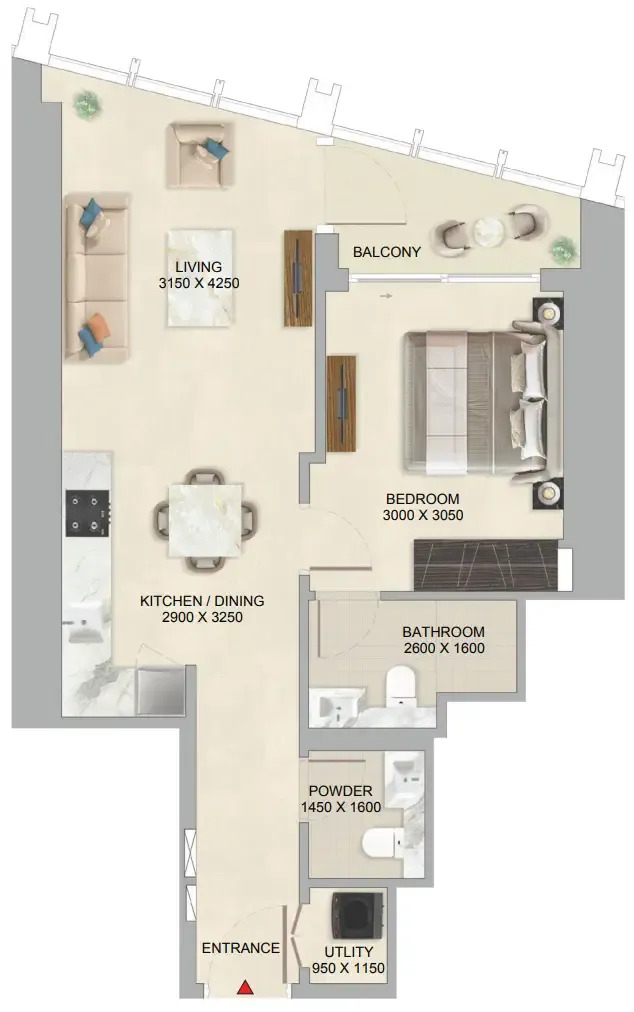 The Mirage at Sobha Central 1 bed floor plan, 652 sqft