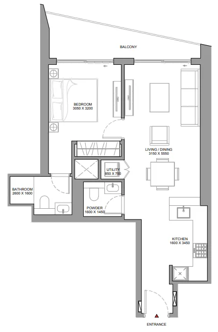 The Horizon at Sobha Central 1 bed floor plan, 744 sqft