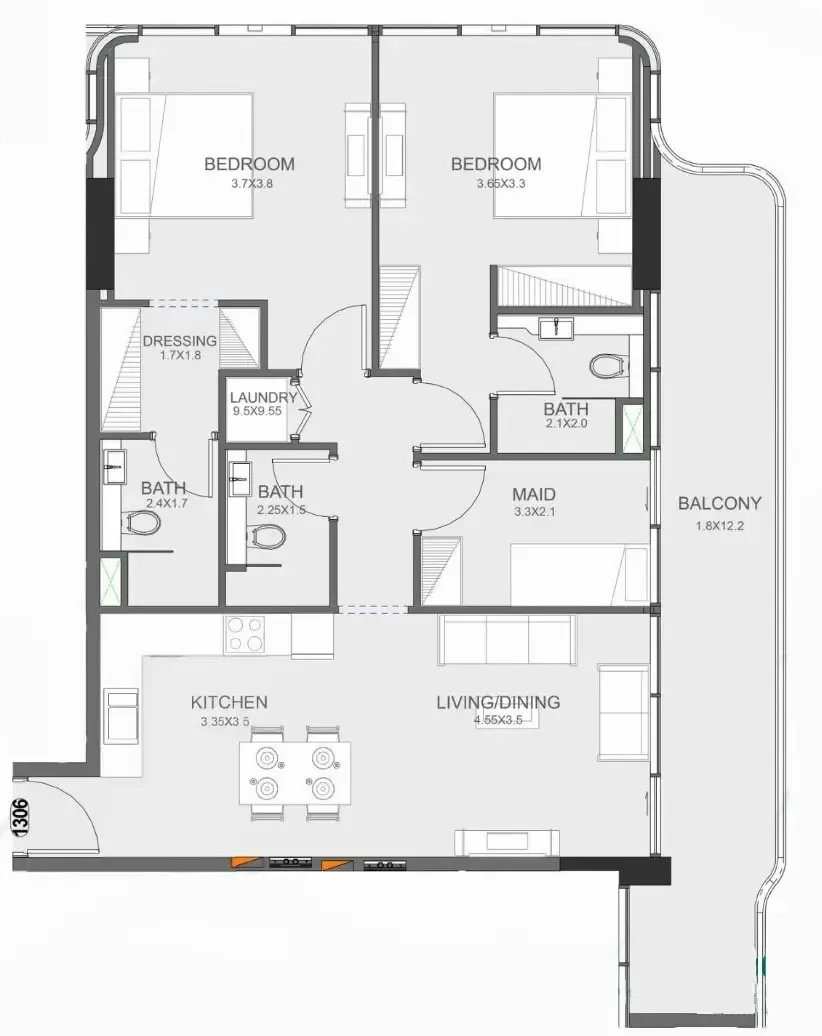 Floarea Oasis 2 bed floor plan, 1,285 sqft