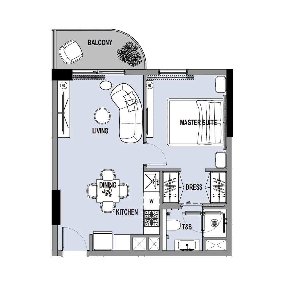 Verso 1 bed floor plan, 523 sqft