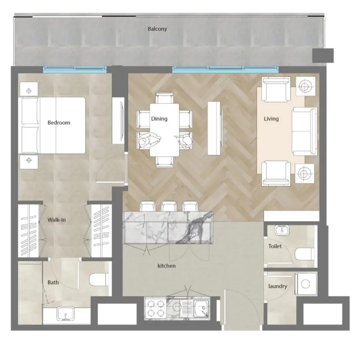 Al Mahra Residence 1 bed floor plan, 1,047 sqft