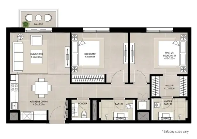 Fiori Residences 2 bed floor plan, 929 sqft