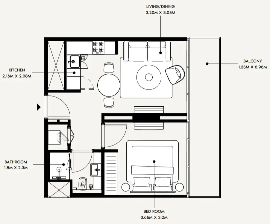Creek Views 4 1 bed floor plan, 553 sqft