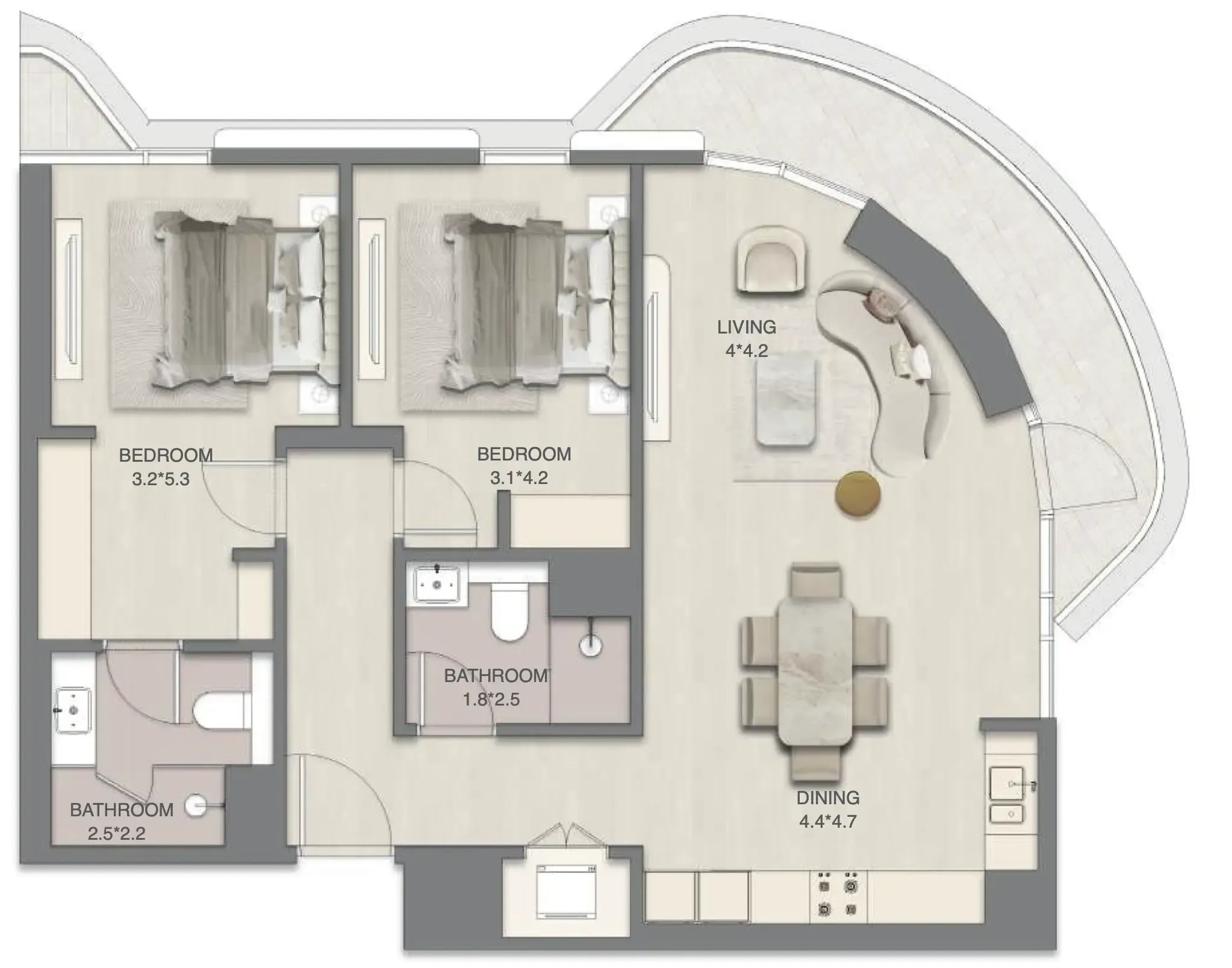 Mirasol Mina 2 bed floor plan, 1,085 sqft