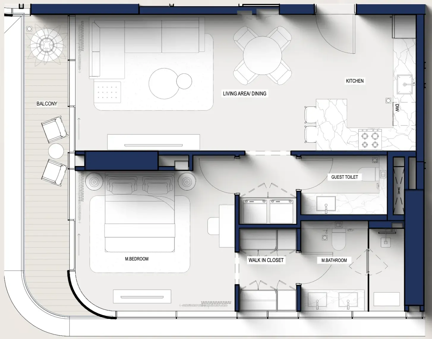 Hilton Residences 1 bed floor plan, 868 sqft
