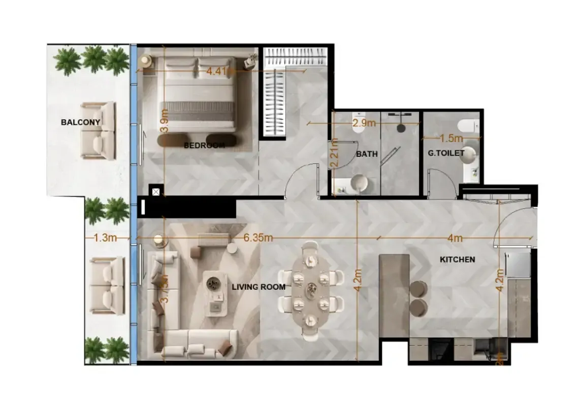 Radiant Terrace 1 bed floor plan, 952 sqft