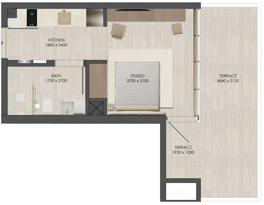 JAD 288 Studio floor plan, 462 sqft