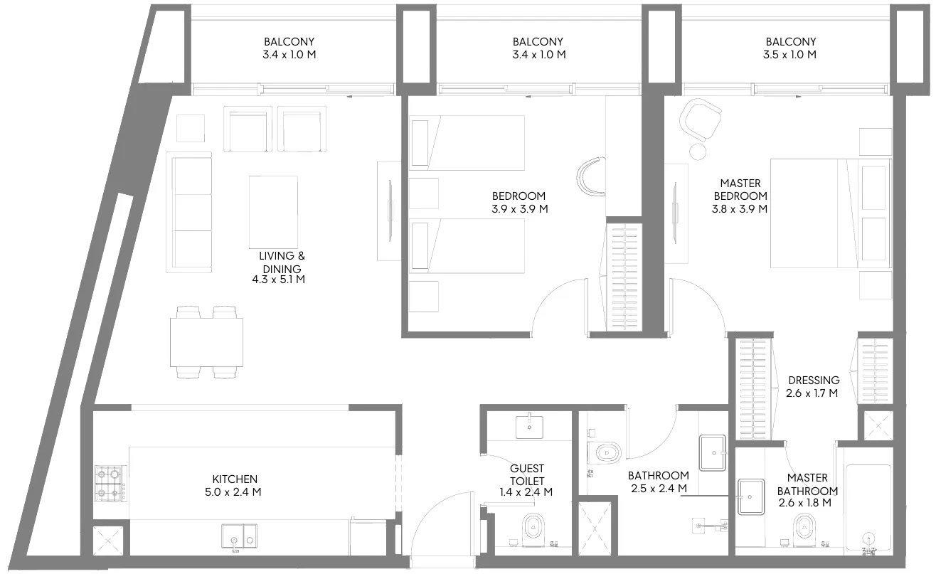 Jenna 1 2 bed floor plan, 1,279 – 1,305 sqft
