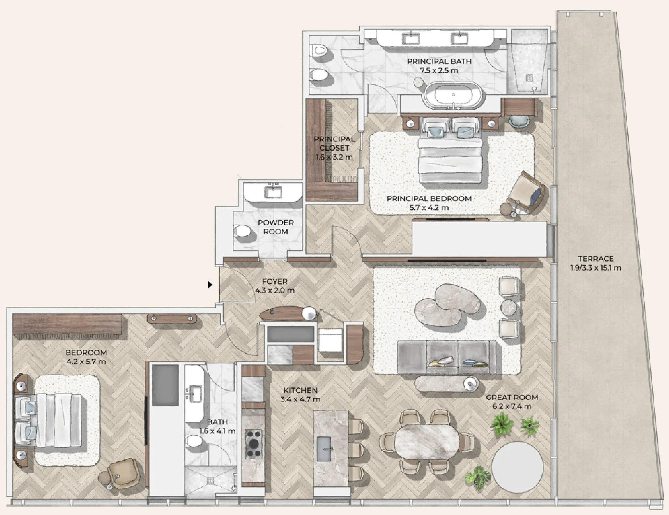 Mr. C Residences Downtown 2 bed floor plan, 2,398 sqft