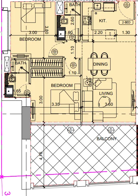 Binghatti Twilight 2 bed floor plan, 1,074 sqft