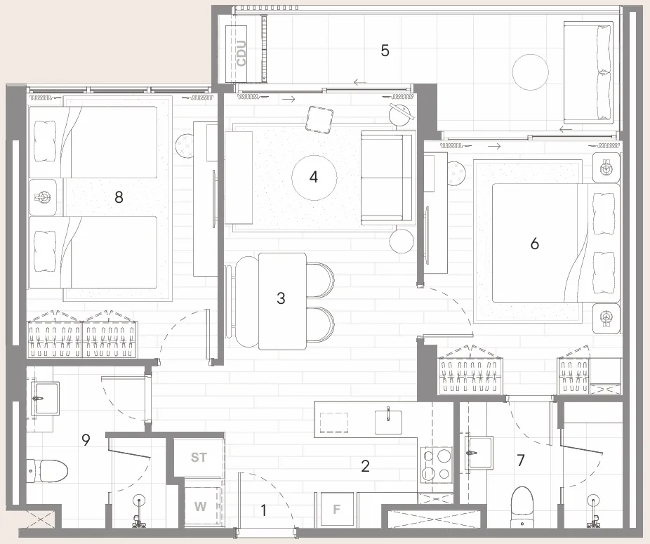 Sudara 2 bed floor plan, 861 sqft
