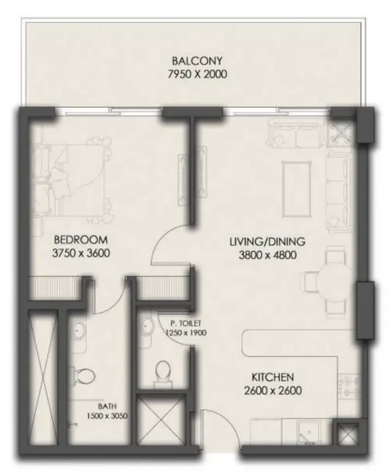 Park Residency 1 bed floor plan, 767 sqft