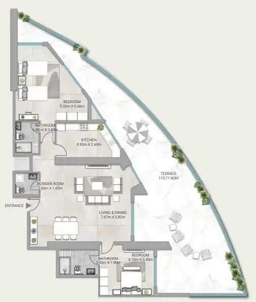 Ajman Creek Towers 2 bed floor plan, 2,096 sqft