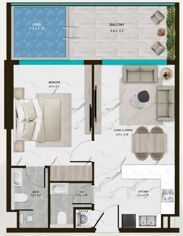 Samana Parkville 1 bed floor plan, 768 sqft