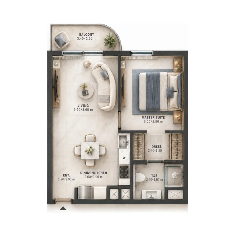 Verso 1 bed floor plan, 505 sqft