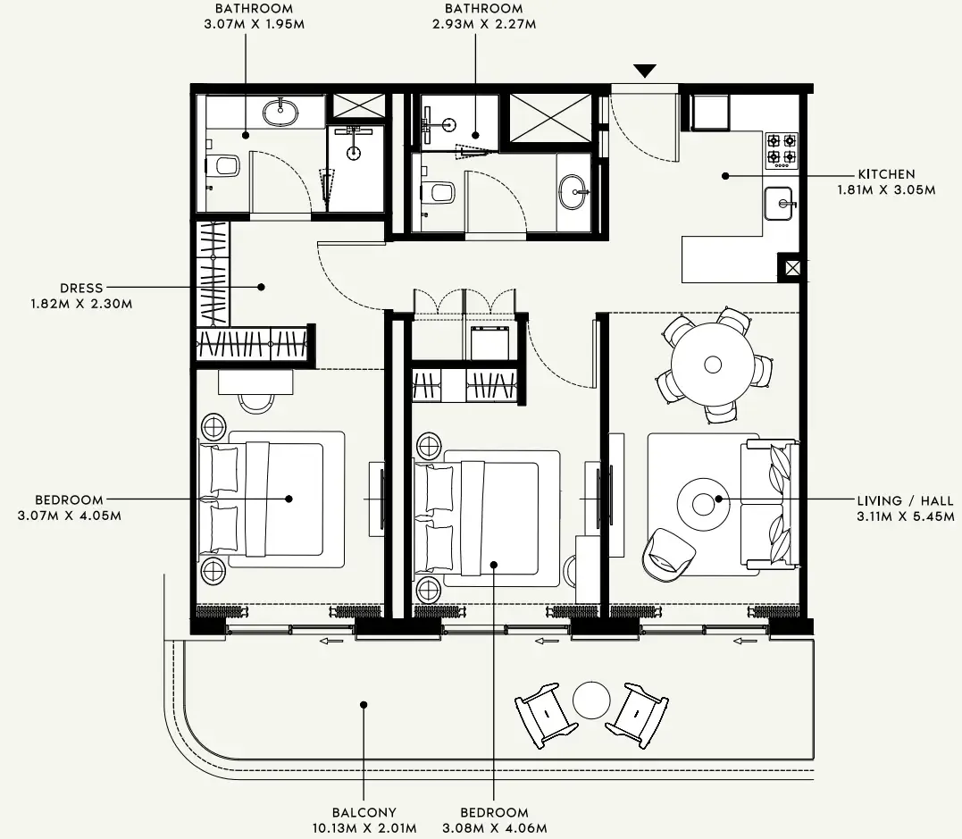 Azizi Venice 2 bed floor plan, 1,156 sqft