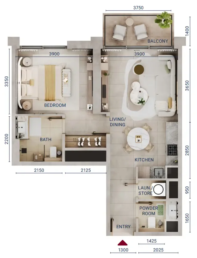 Mirdad 1 bed floor plan, 697 sqft
