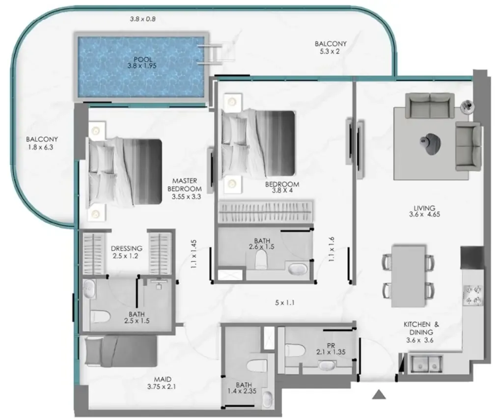 Samana Ocean Bay 2 bed floor plan, 1,391 sqft
