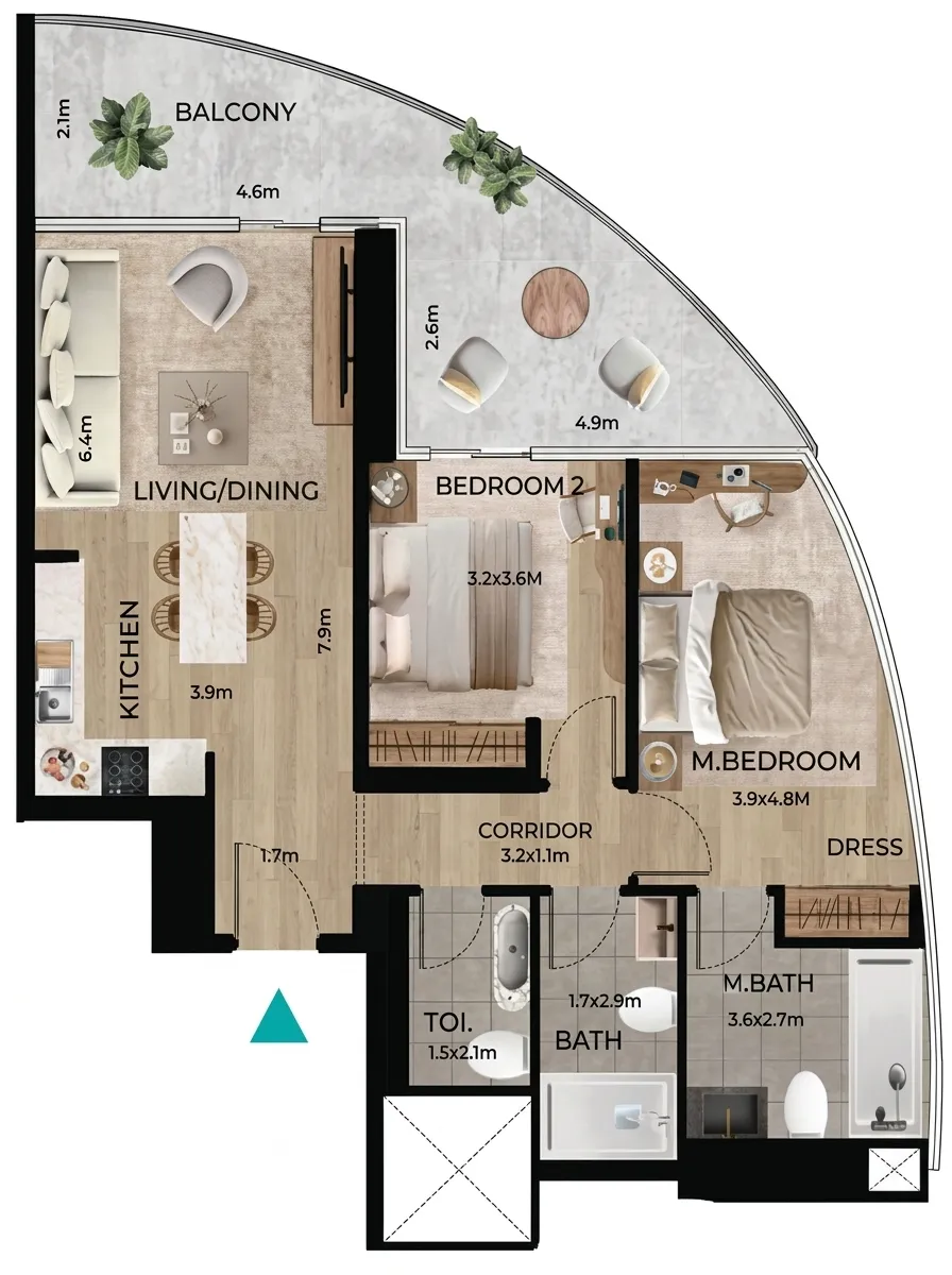 Waterfront by Missoni 2 bed floor plan, 1,105 sqft