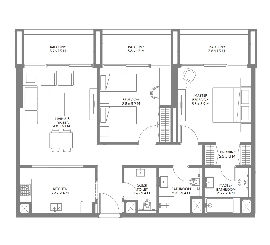 Jenna 1 2 bed floor plan, 1,198 – 1,224 sqft