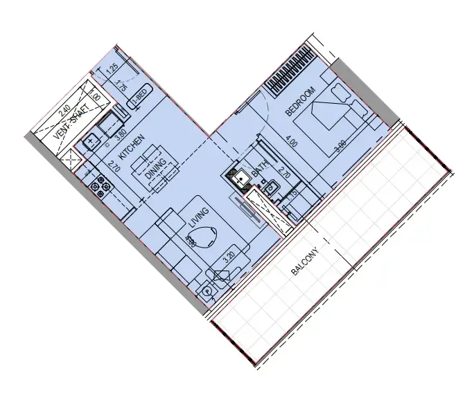 Binghatti Sky Terraces 1 bed floor plan, 713 sqft