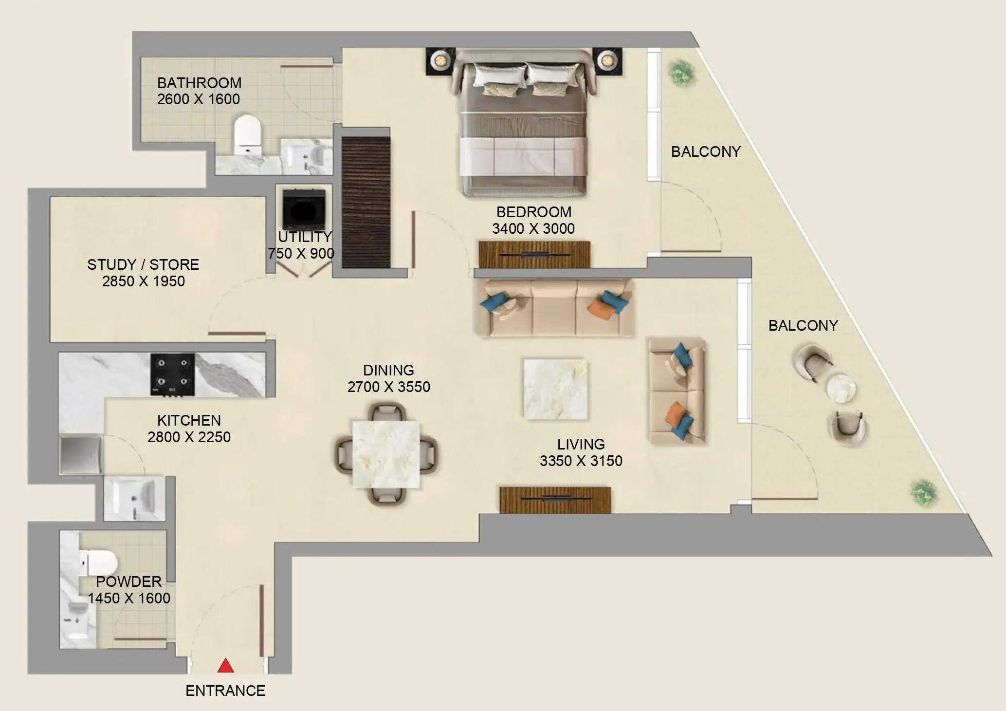 Skyvue Altier 1 bed floor plan, 832 sqft