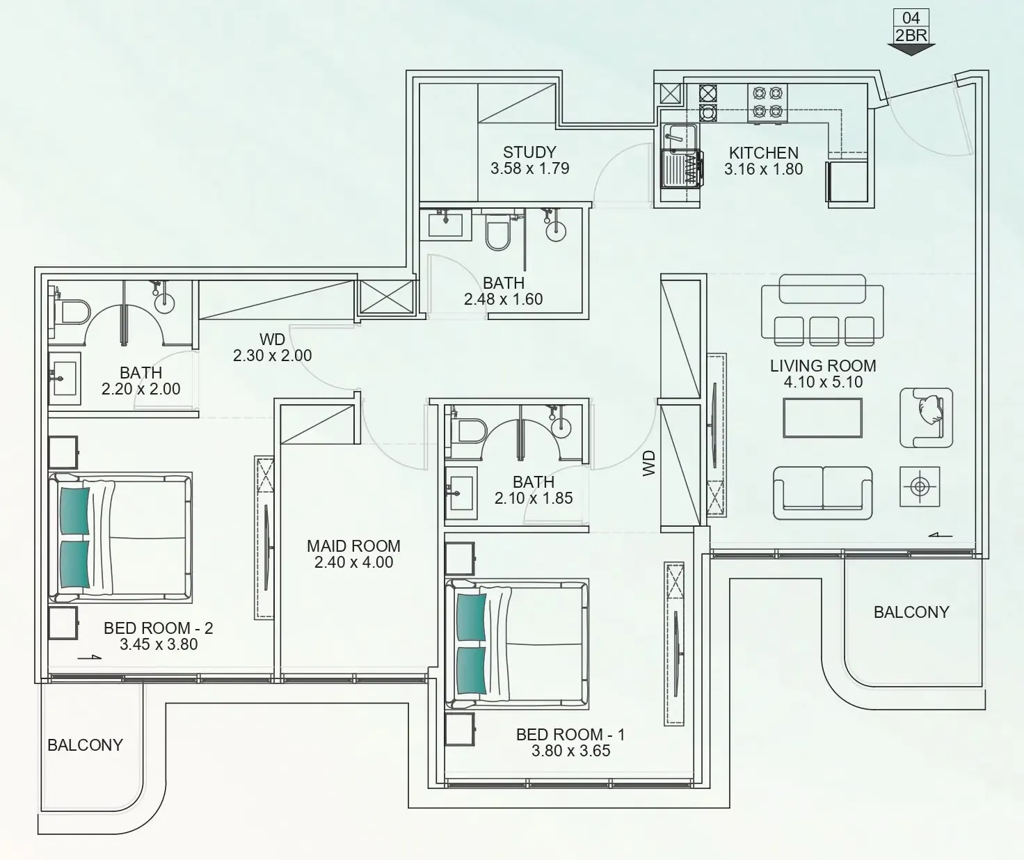 Floarea Breeze 2 bed floor plan, 1,274 sqft
