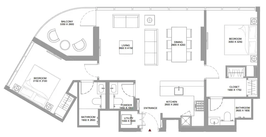 Pearlside Marina Residences 2 bed floor plan, 1,021 sqft