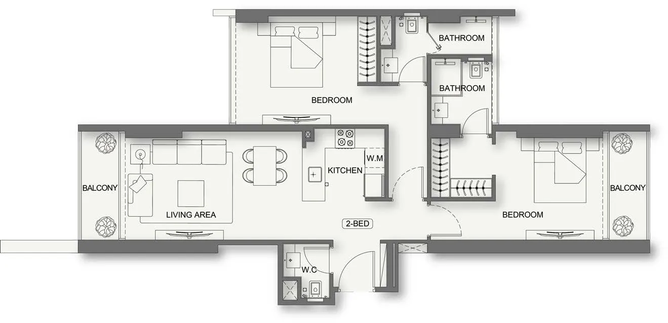 Binghatti Cullinan 2 bed floor plan, 1,018 – 1,034 sqft