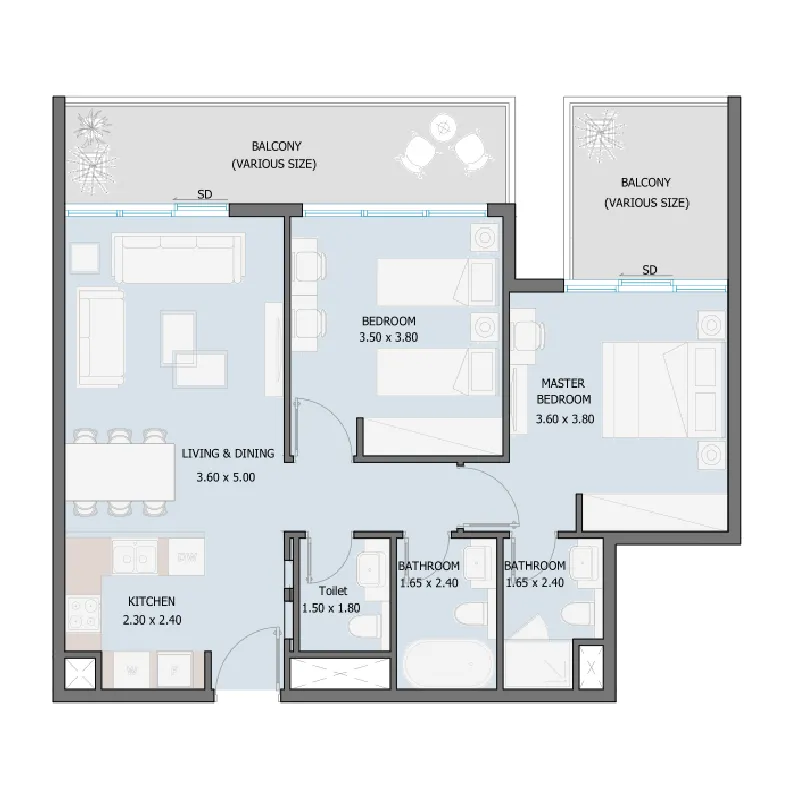 Sila 2 bed floor plan, 1,003 – 1,645 sqft
