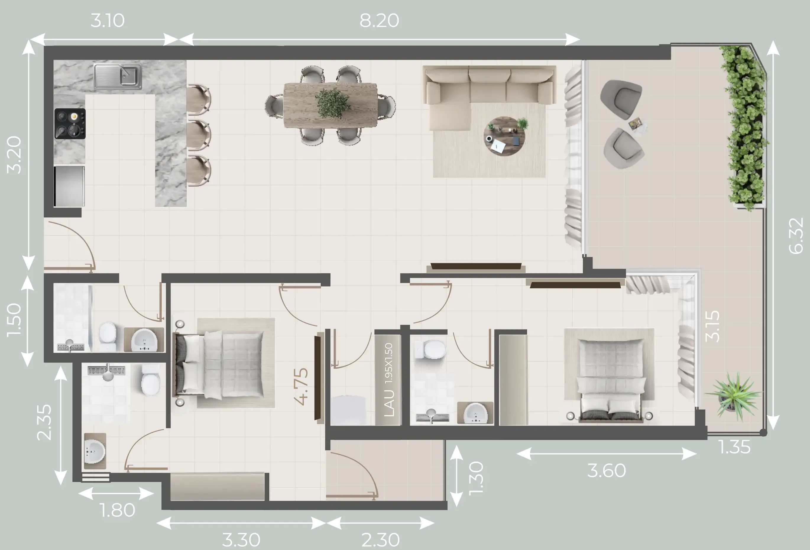 Galleria Residences 2 bed floor plan, 1,243 – 1,250 sqft