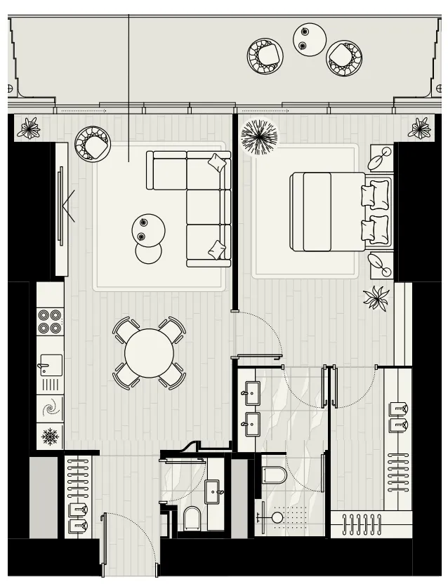 Iconic Tower 1 bed floor plan, 1,110 sqft