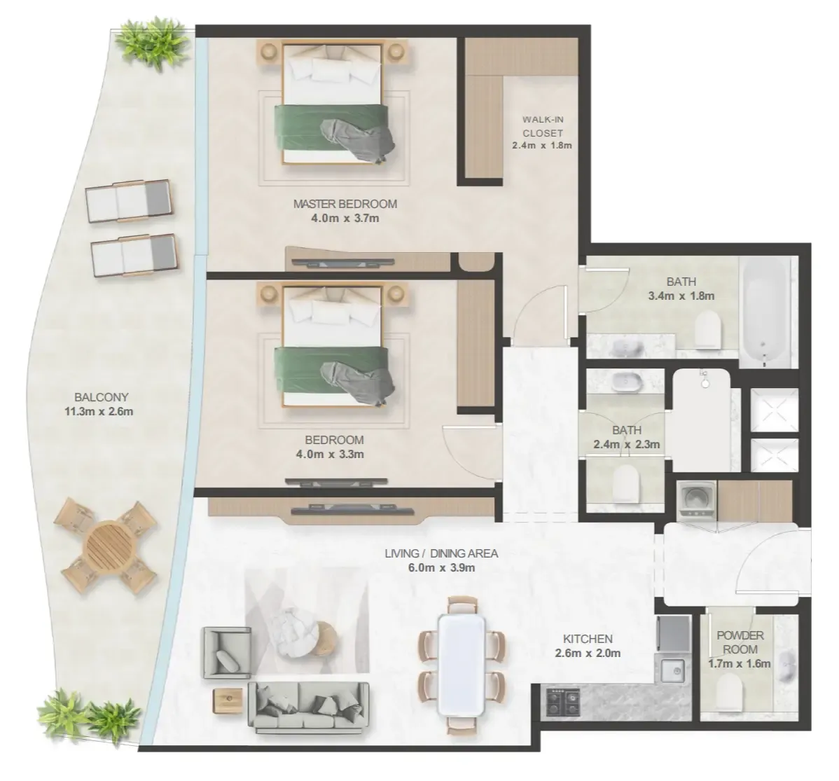 Oystra 2 bed floor plan, 1,212 sqft