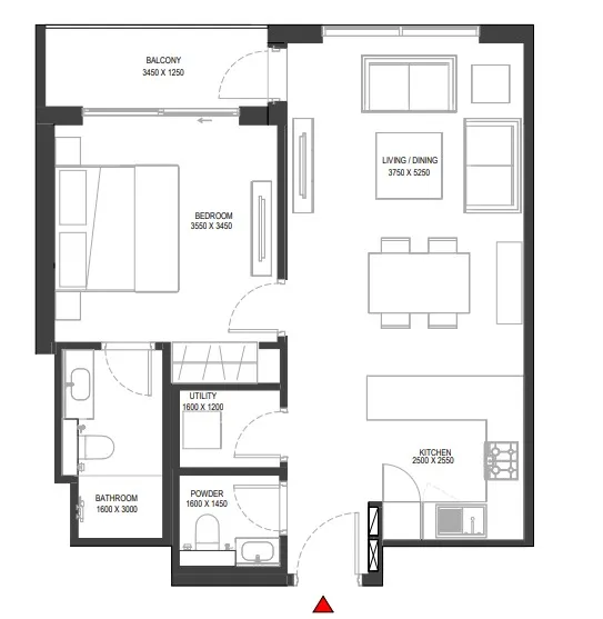Sobha One 1 bed floor plan, 733 sqft