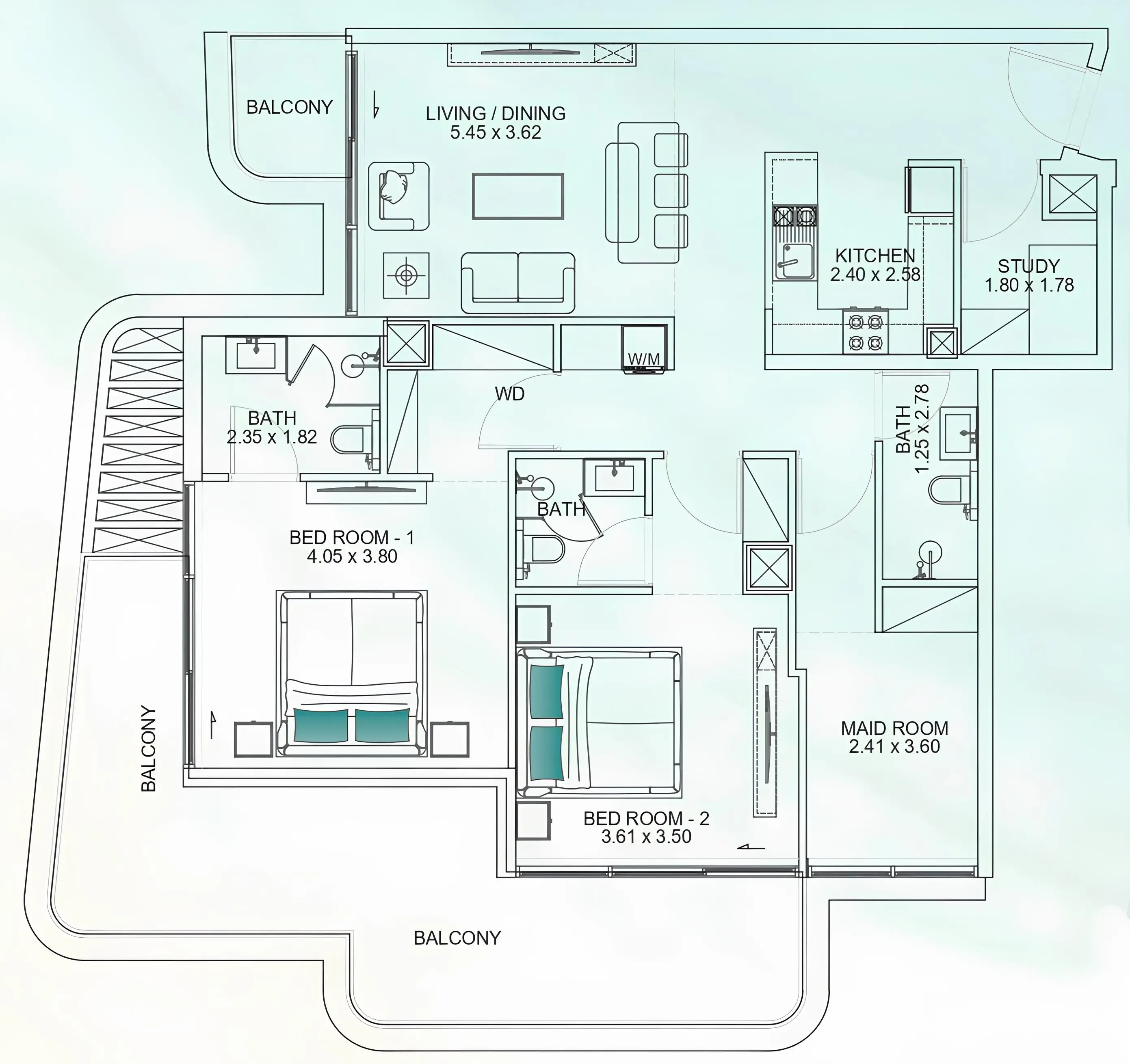 Floarea Breeze 2 bed floor plan, 1,483 sqft