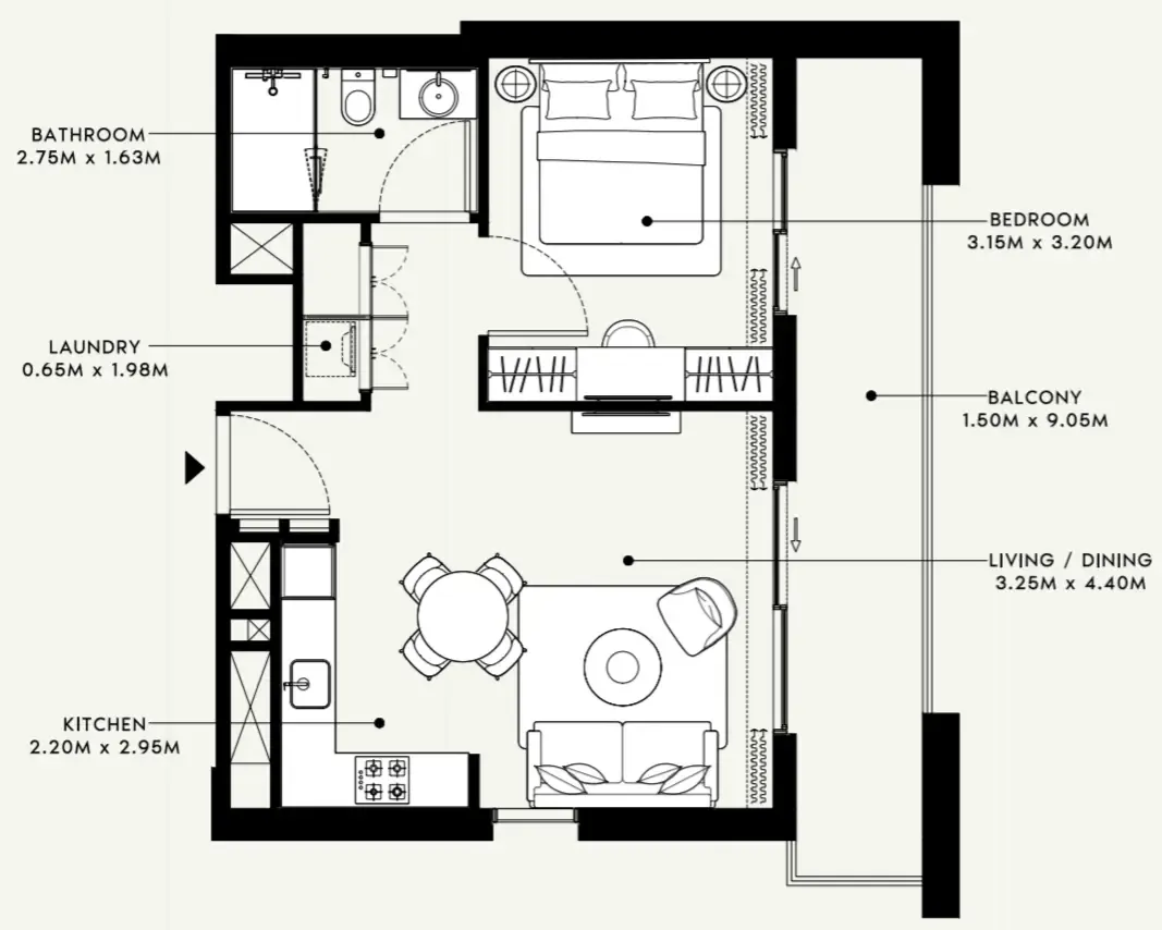 Beach Oasis 1 and 2 1 bed floor plan, 698 sqft