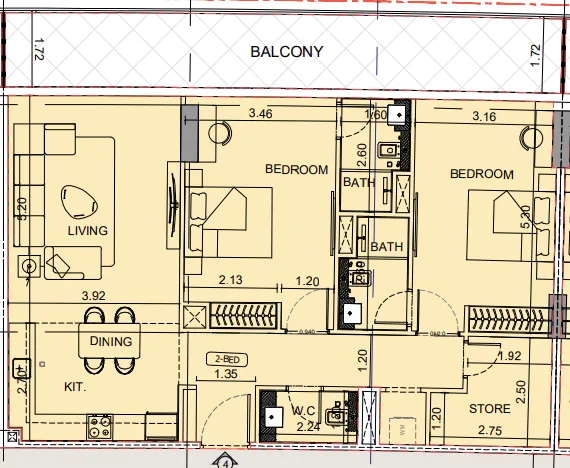 Binghatti Aquarise 2 bed floor plan, 1,338 sqft