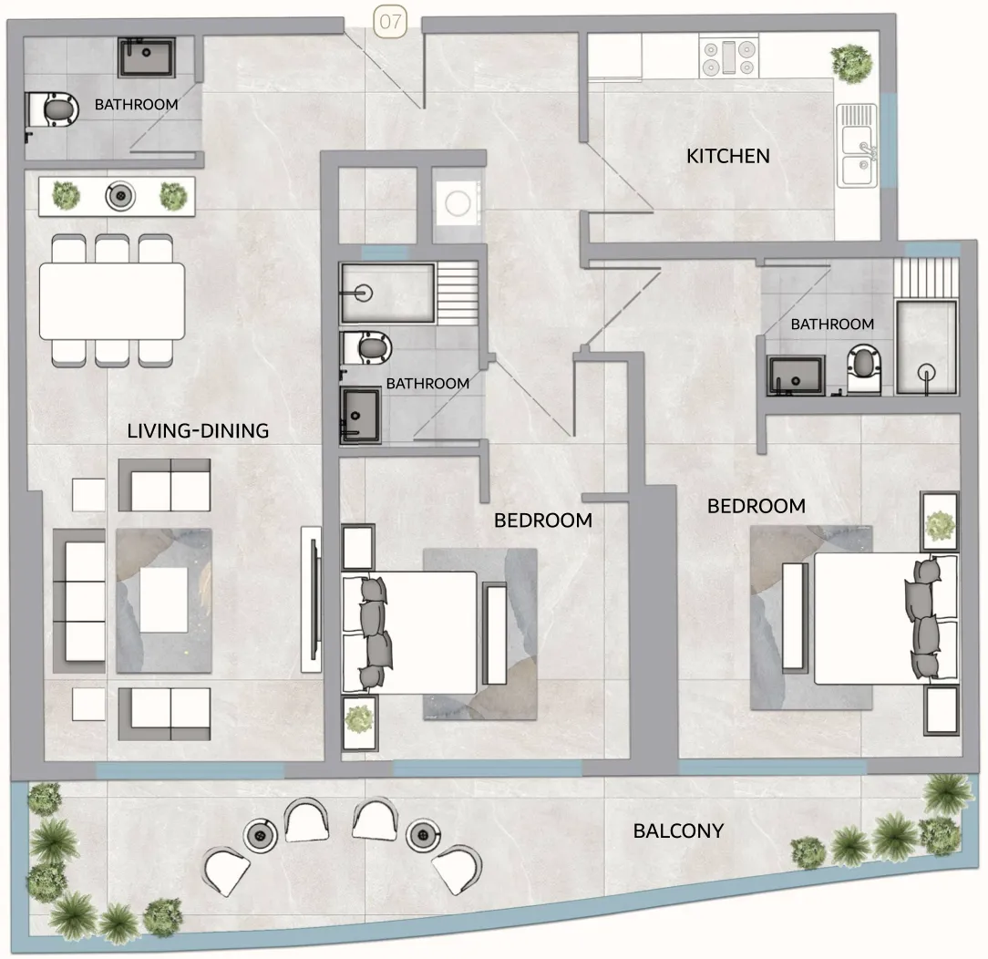 One 678 Residences 2 bed floor plan, 1,812 – 1,868 sqft
