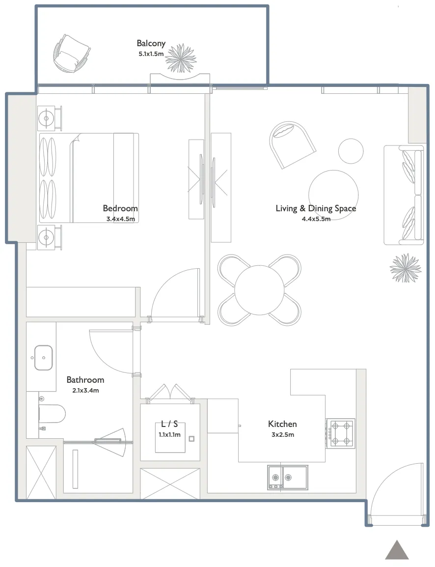 Serenia District West Residence 1 bed floor plan, 842 sqft