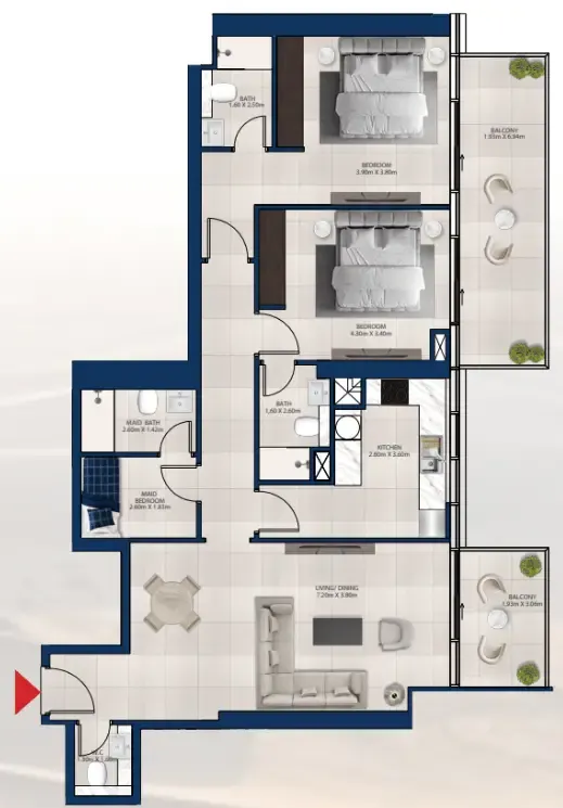 Al Vista 2 bed floor plan, 1,425 sqft