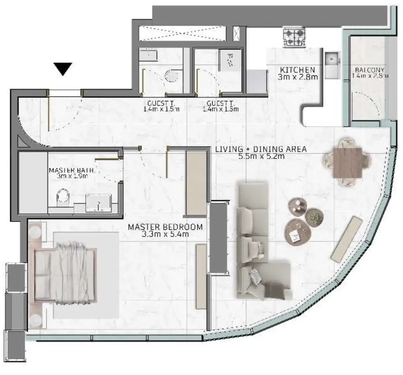 Al Habtoor Tower 1 bed floor plan, 963 sqft