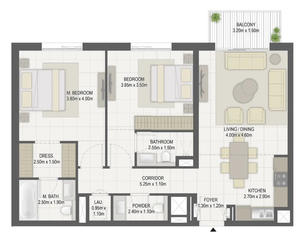 Layla Residences 2 bed floor plan, 1,090 sqft