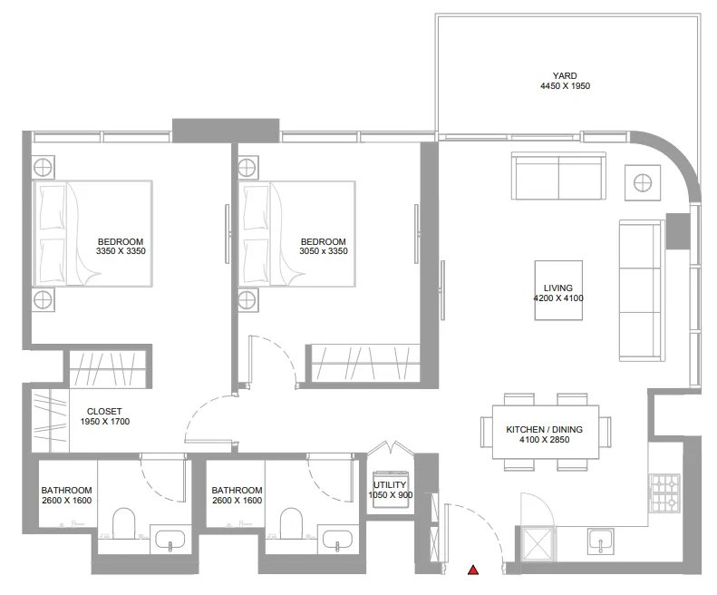 Pristine Beach Residences 2 bed floor plan, 965 sqft