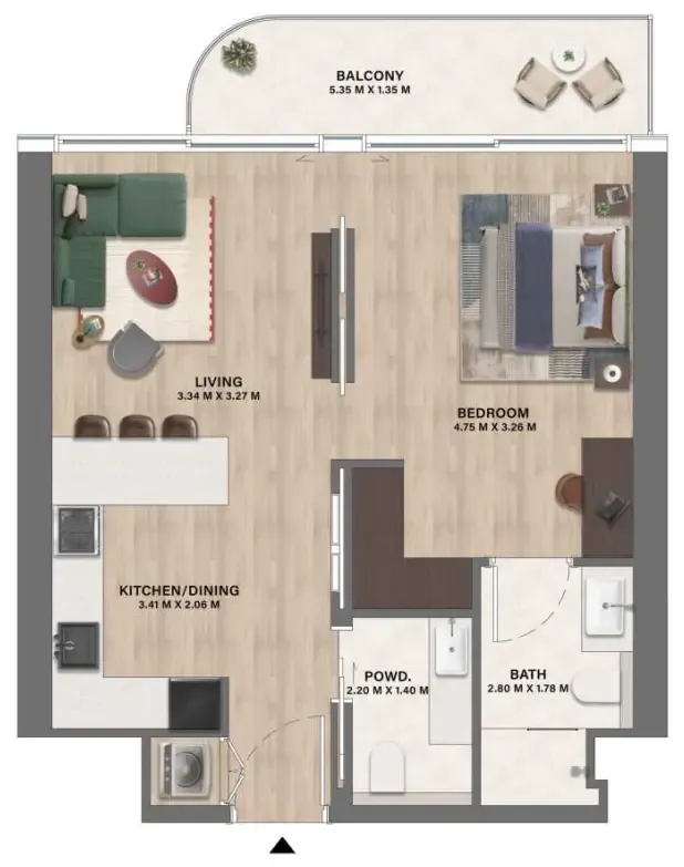 Mövenpick Residences Dubai Motor City Phase 1 1 bed floor plan, 672 sqft
