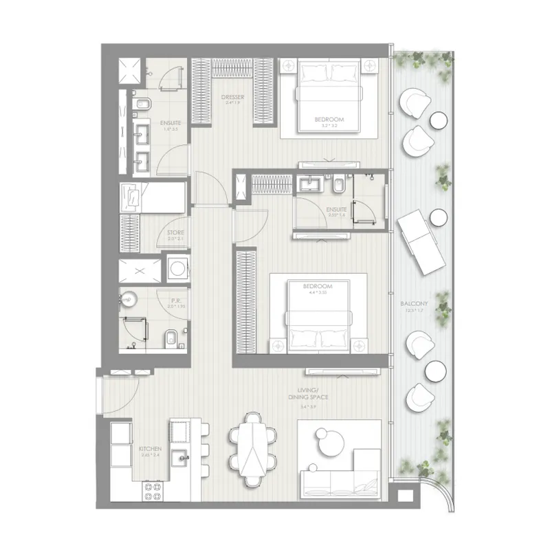Sol Luxe 2 bed floor plan, 1,256 sqft